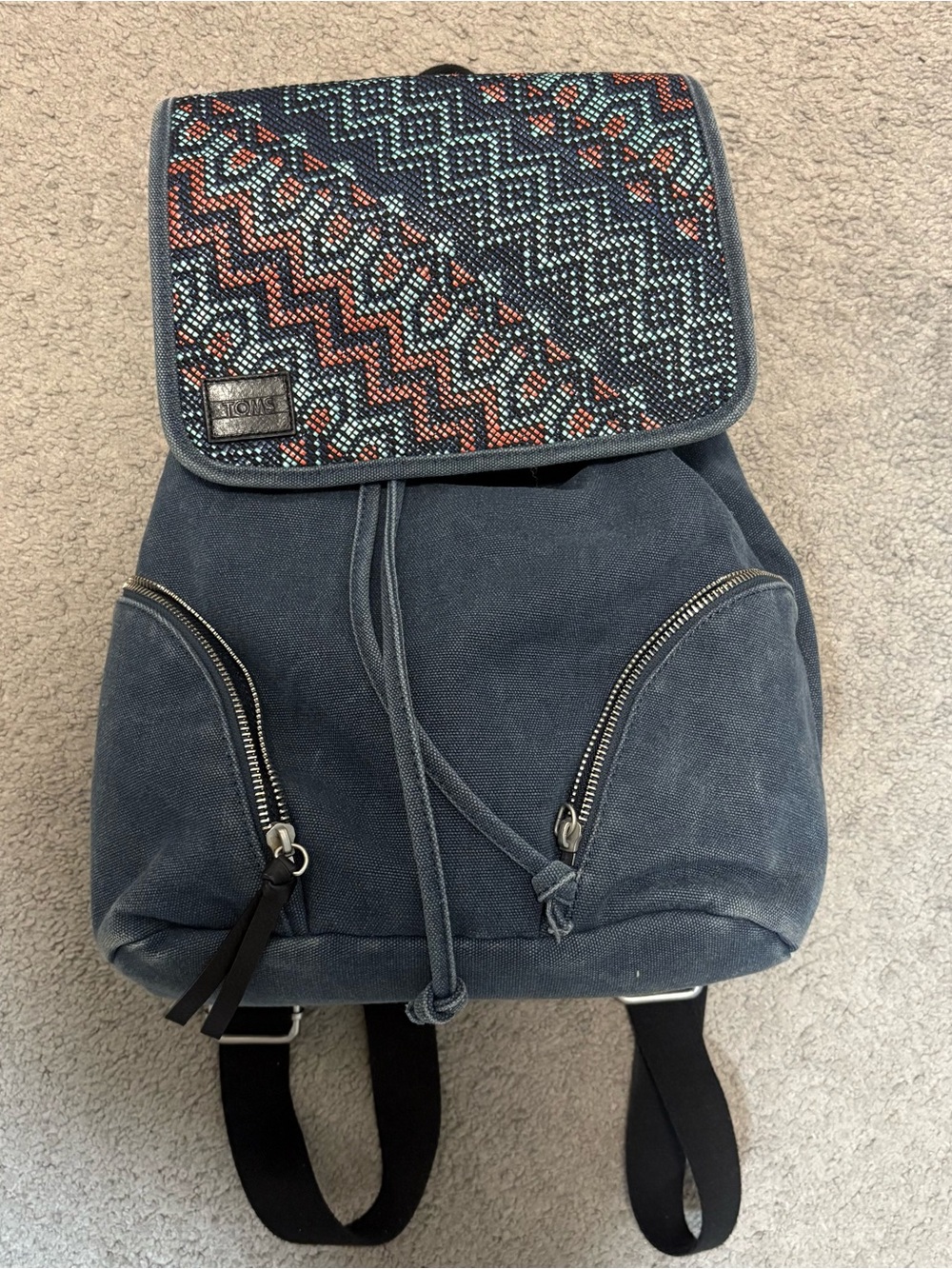 Toms Navy Canvas Backpack with Beaded Aztec Pattern Flap